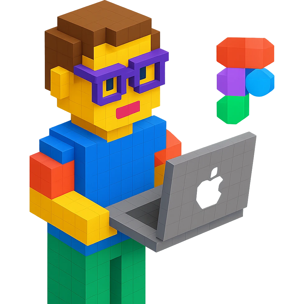 voxel designer holding MacBook, Figma logo visible emoji