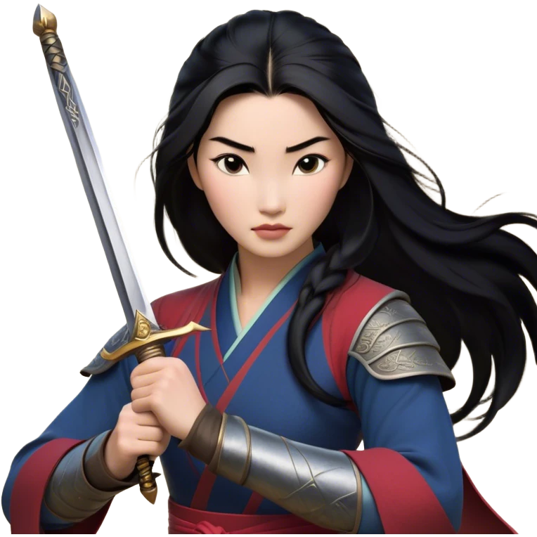Cinematic Realistic Mulan Portrait, depicted with lifelike skin texture, soft natural lighting, and intricately detailed long black hair styled elegantly. Her deep, expressive eyes exude determination and grace, complemented by a serene yet confident expression. She stands with one hand resting on the hilt of her sword, the other by her side, exuding strength and poise. She is dressed in her classic attire, with rich fabric textures and delicate folds that catch the light beautifully. The portrait features a soft, enchanting glow with a natural, radiant finish, capturing the essence of timeless strength and beauty in a realistic and painterly style, evoking a sense of depth and authenticity. emoji