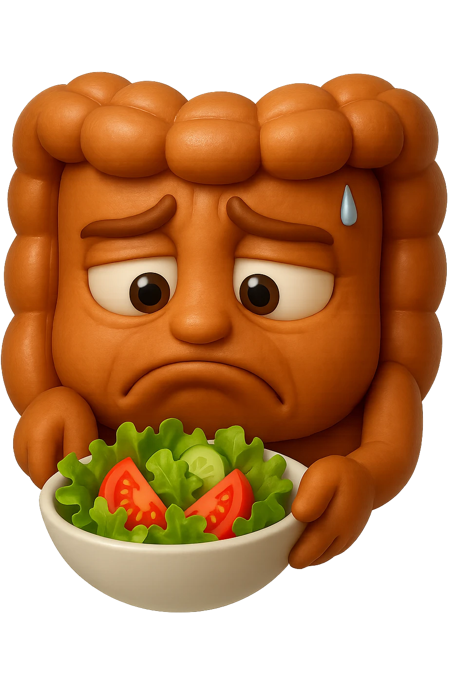 EMOJI STILE IPHONE DI UN INTESTINO UMANO ANATOMICO CHE GUARDA UN INSALATA CON ESPRESSIONE TRISTE E RASSEGNATA IN VOLTO: SOFFRE LA FAME PERCHé è A DIETA, FAGLI ANCHE LA PARTE BIANCA DEGLI OCCHI, NON SOLO LE PUPILLE, IPERREALISTICO 4K emoji