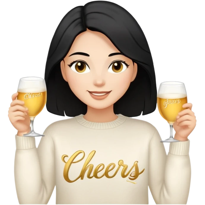 A woman with shoulder-length black hair, light to medium skin tone, full cheeks, and almond-shaped eyes, wearing a white sweater with the word 'cheers' in gold script, lying comfortably on a bed with soft lighting, joyful and radiant expression. emoji