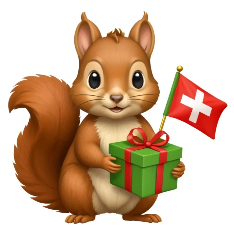 a squirrel holding a green gift box in one hand and a red Swiss flag in the other, both objects clearly visible, simple white background, the gift is a different color from the flag emoji