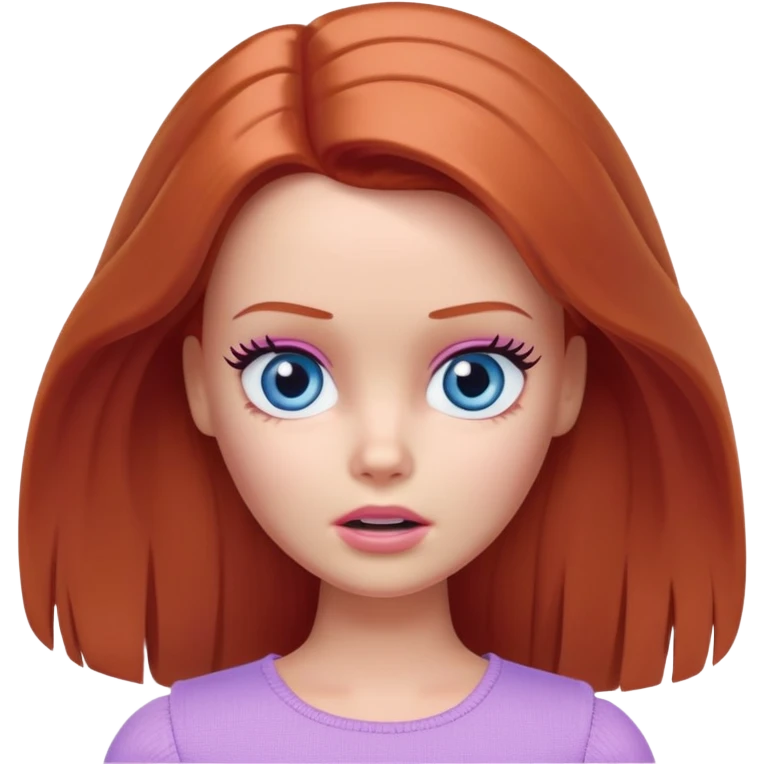 Barbie girl Chestnut-red Shoulder-length hair and blue eyes is In pale purple clothes a Feels terrified emoji