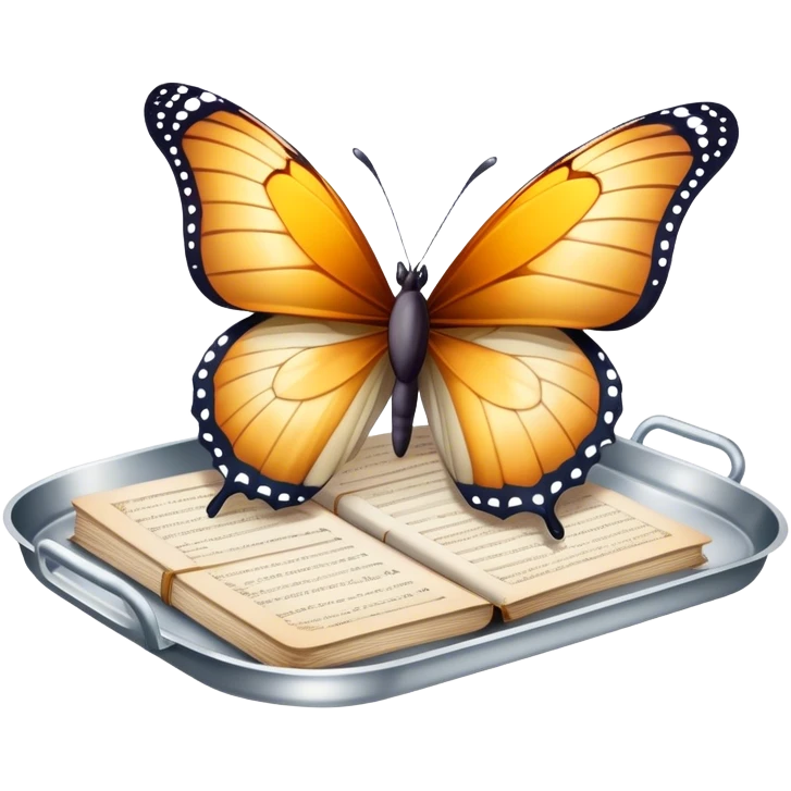 A butterfly balanced on a silver tray of old letters.
 emoji