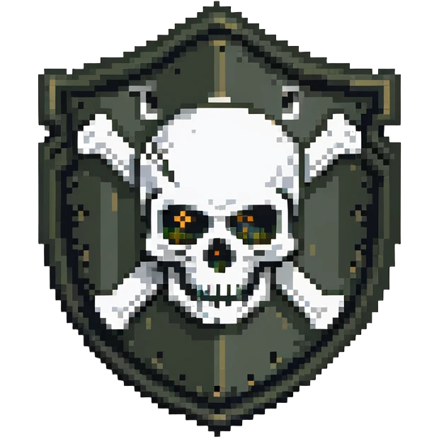 Shield badge with a skull and crossbones and a padlock symbol for cybersecurity, dark color scheme, dangerous looking emoji