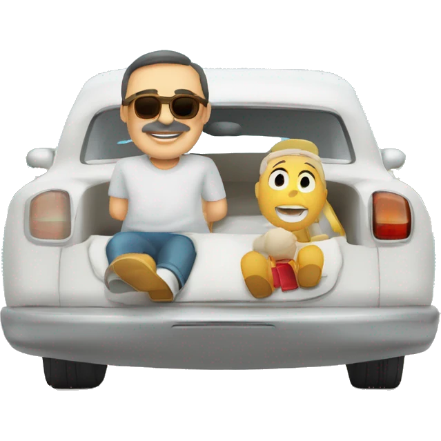 padre español calvo, un poco rellenito, blanco de peil, conduce el coche para llevar a su familia de vacaciones emoji