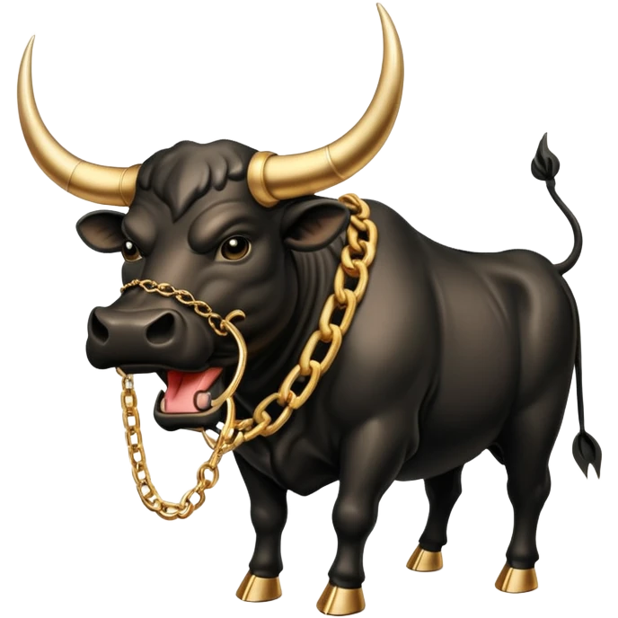 The emoji is an angry black powerful bull with steam coming out of its nose and a gold chain hanging from its neck with the inscription "bull run" emoji