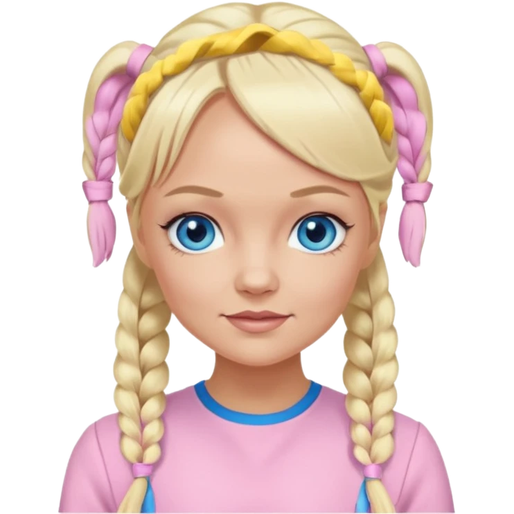 Emma Bunton blue eyes, long blonde pigtails hair, light pink outfit emoji