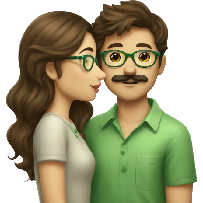 A boy with brown hair and a mustache is kissing a girl wearing glasses and her hair is green emoji