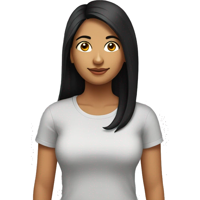 A 25 year old, South Asian woman, with long black hair,   wearing a t-shirt. emoji