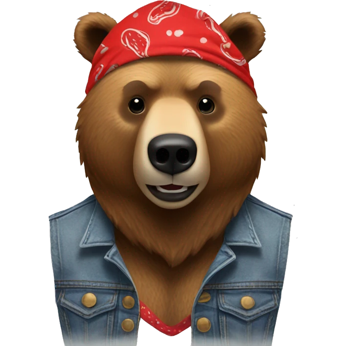 grizzly bear wearing sleeveless jean jacket and red bandana around head with open mouth emoji