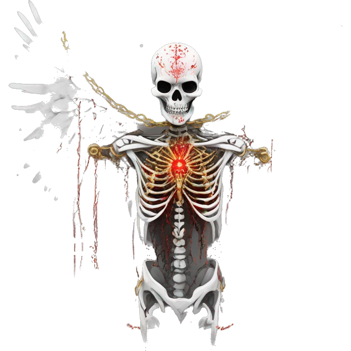 White skeleton zombie person covered in golden chains and black graffiti scribbles and red and silver doodles wings made of neon lightning snowing snowflakes emoji