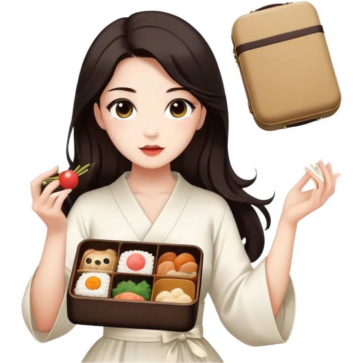 Beautiful woman in 1950’s woman fashion look, white dress, long dark brown hair, Japanese bento emoji