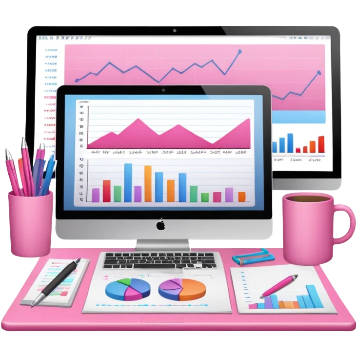 computer on a desk with papers, notes, notebook and pens showing data analysis stuff on it pink emoji