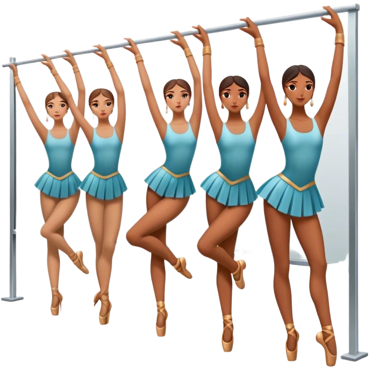 Icon for Choreography: a group of dancers in identical poses, standing by a wall with all wall long mirror, holding a long barre with one hand. The icon should capture the discipline and synchronized movement of dance training. Transparent background. emoji