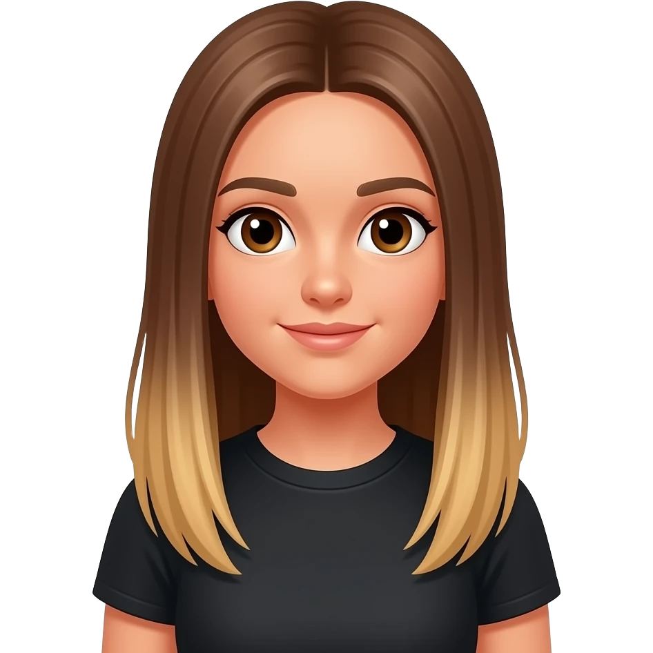 JN - teenage girl, orange suntan, straight very long medium brown hair blonde at the tips, black crew neck t-shirt emoji