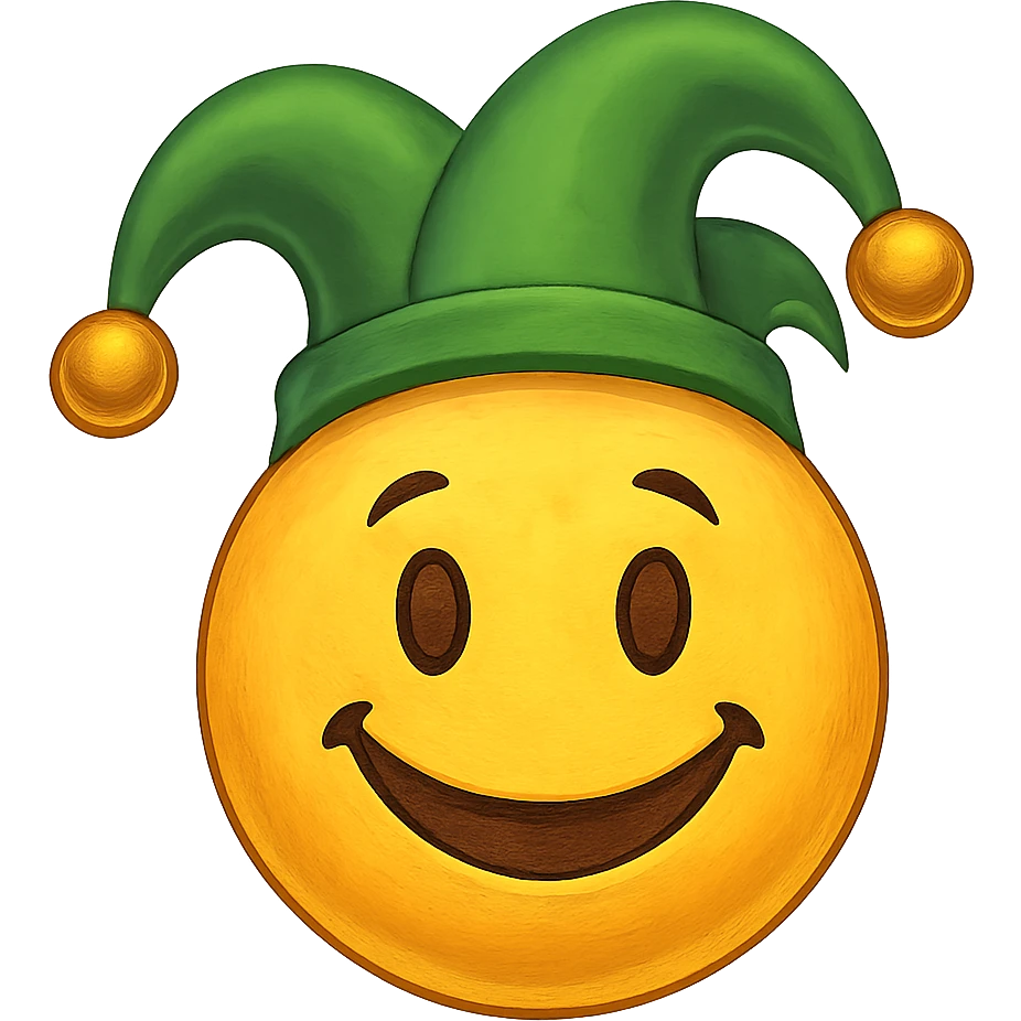 yellow face with green jester hat emoji, digital illustration, no background emoji