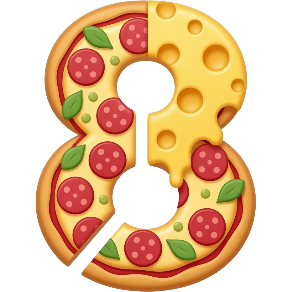 pizza shaped number 8, one slice slightly darker cheese, 3D cartoon emoji