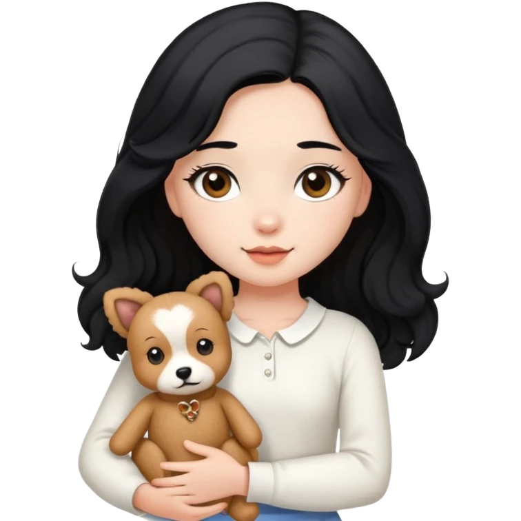 A beautiful girl with long straight black hair wearing a white skirt holding a small brown curly teddy dog emoji
