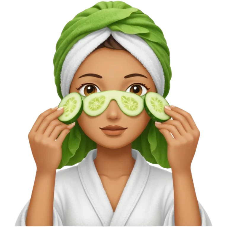 woman at the spa with cucumbers slices covering her eyes and tan skin tone with towel completely covering hair and robe on emoji