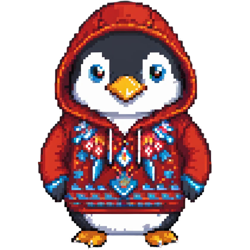 penguin wearing a red paisley pattern hoodie emoji