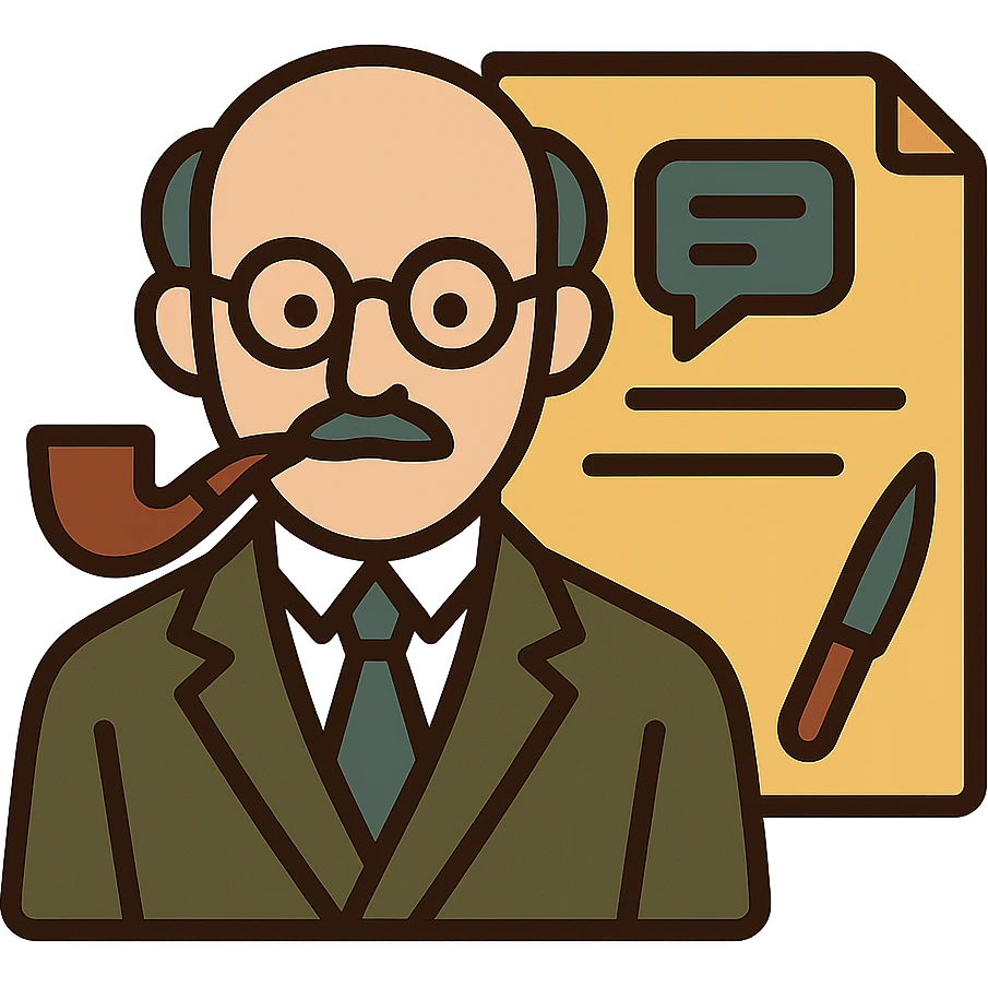 minimalistic icon of a refined scholarly professor with glasses, pipe, elegant suit, exuding intellectual authority and respect, atop a sleek document background with subtle AI messaging interface cues, scalpel motif subtly integrated, vintage European university color palette, evokes technical precision and scholarly elegance emoji