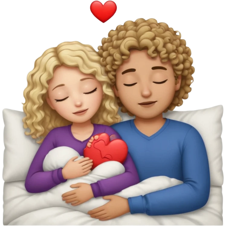 cuddling in bed, asleep. wavy haired blonde girl. curly haired dark brown hair man. eyes closed. heart between them. no headboard emoji
