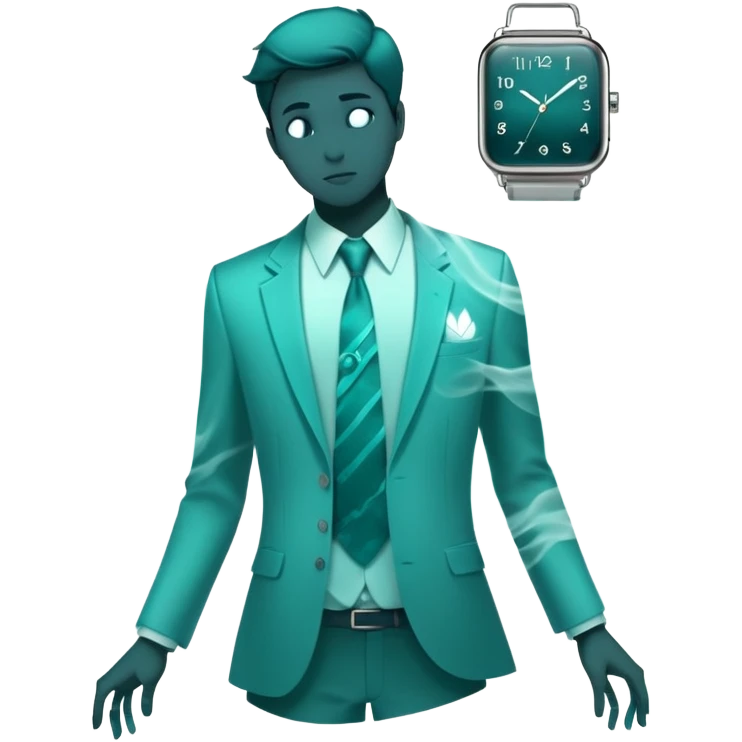 Teal colored ethereal energy forming male silhouette with ghostly floating wardrobe elements like tie, shirt and watch surrounding it, abstract style essence emoji