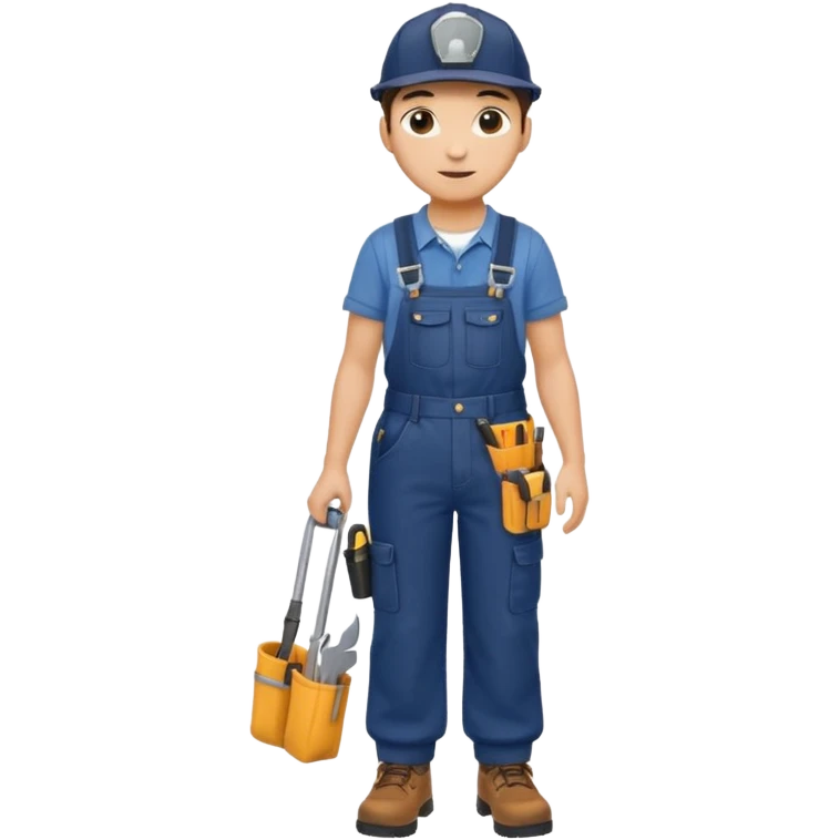 Repairs and Maintenance, Young, wearing navy overalls, a cap and having tool belt, full body emoji