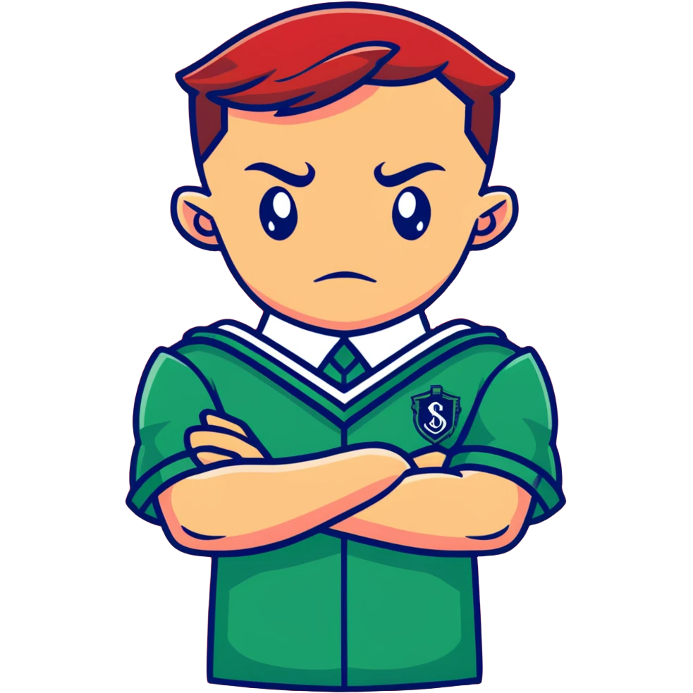 Furious Slytherin student Graham with arms crossed wearing house uniform emoji