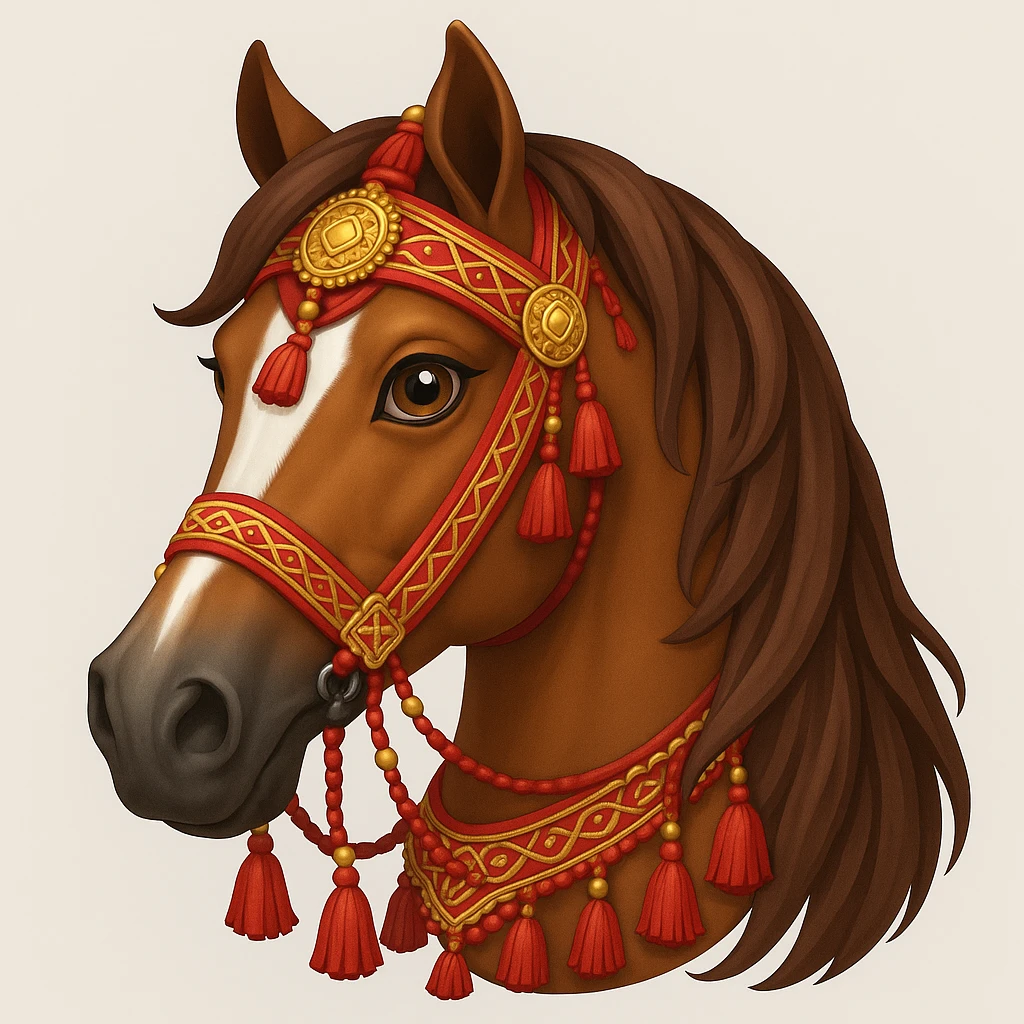 Add traditional Arabian tack and ornate decorations to the Saudi Arabian horse in emoji style, keeping the close-up head portrait with flowing mane as is. emoji