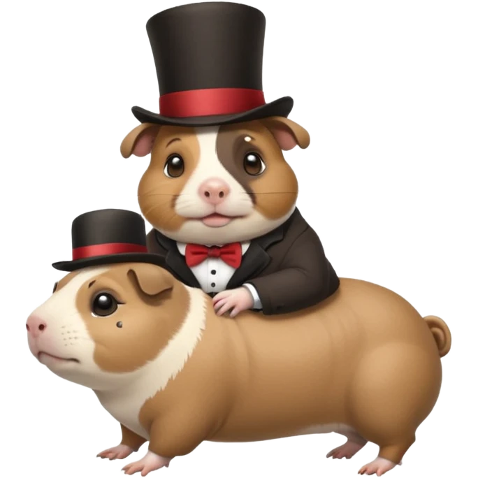 a cute guinea pig wearing a top hat riding on the back of a chubby pug emoji