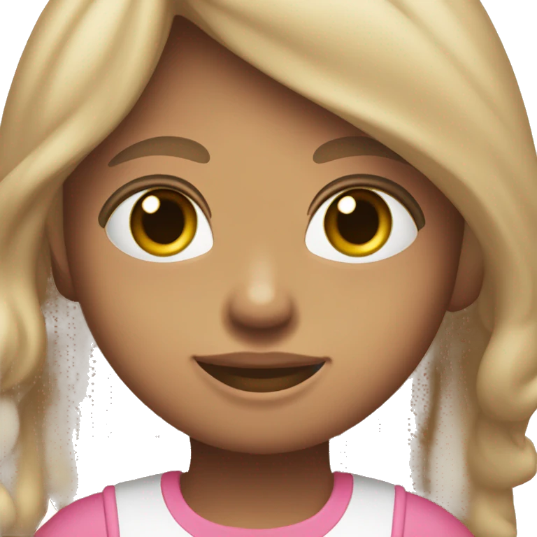 Chica delgada piel blanca, pelo marron liso hasta los hombros con camiseta rosa claro emoji