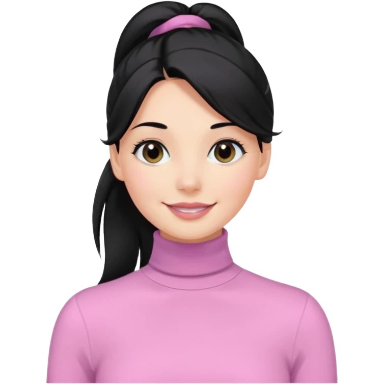 a woman with long sleeve turtle neck top and smile, her hair is long black one pony tail, her eyes color are black and the color of her lip is soft pink emoji