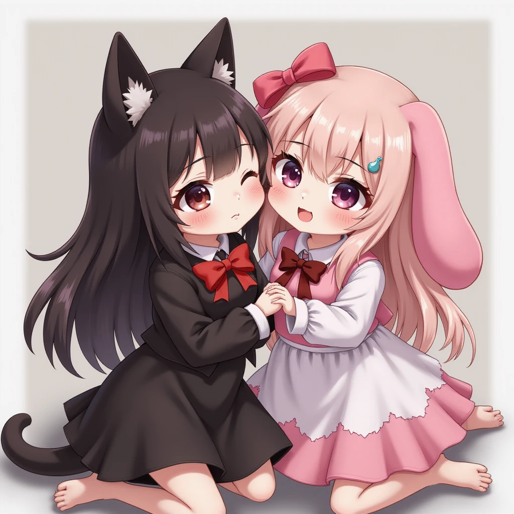 Kuromi and My Melody together, photorealistic style, playful pose, detailed textures, studio background emoji