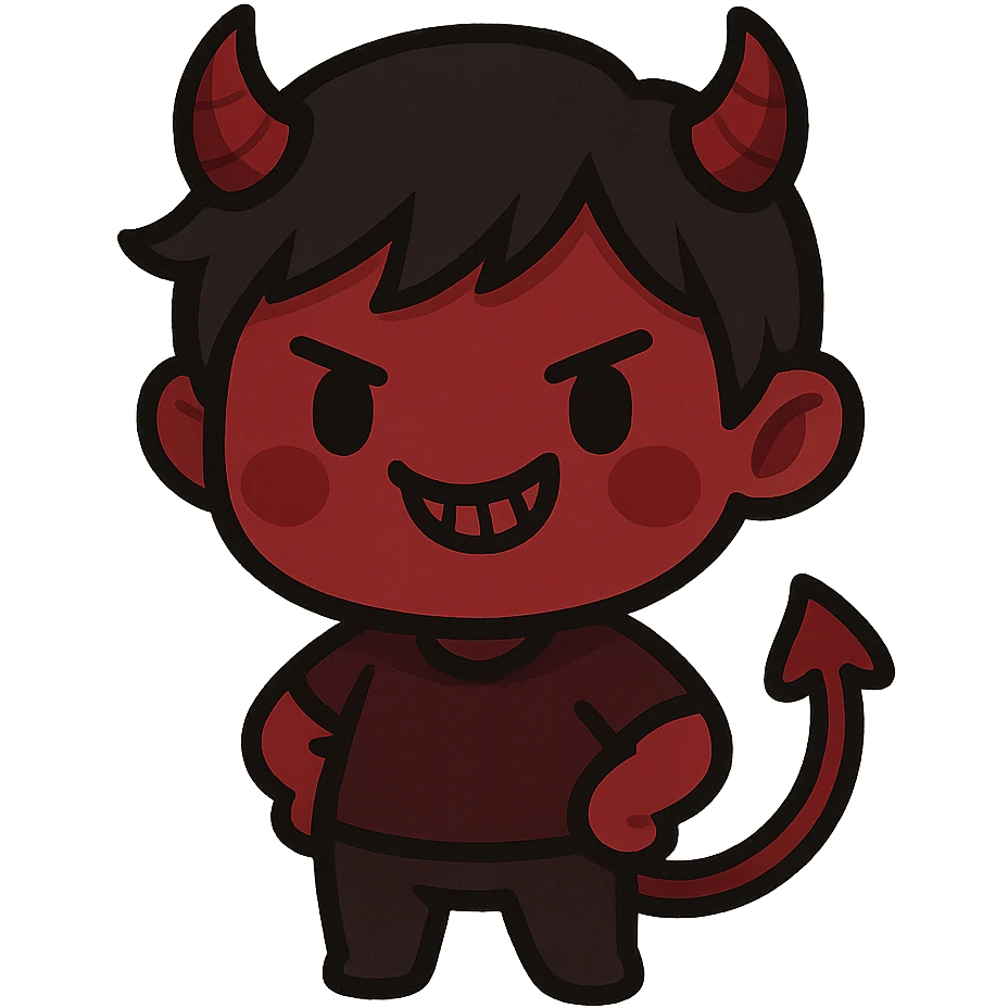 devil emoji in chibi style with gothic palette black and red, small horns, mischievous grin emoji