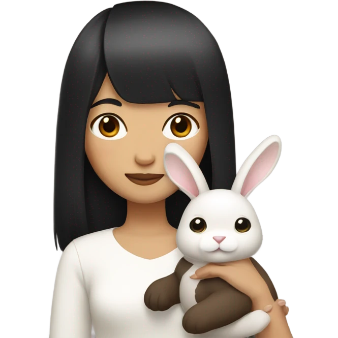 An Asian pretty woman with black straight hair and light bangs holding a white and brown rabbit emoji