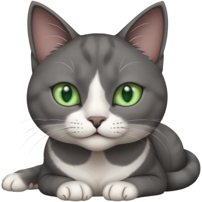 full body view of beautiful female solid dark grey cat with green eyes, grey face, white toes/paws and small white patch on her chest emoji