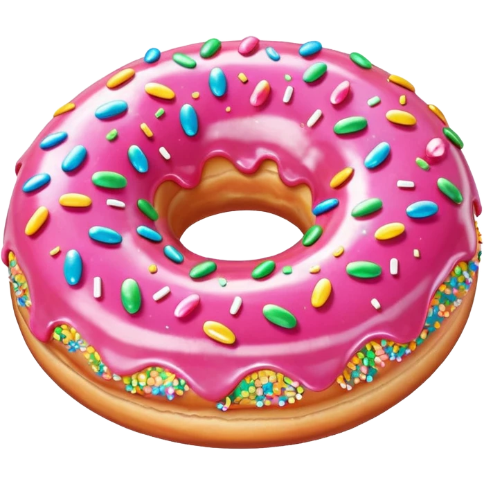 round donut with shiny pink glaze and rainbow sprinkles, slightly angled side view emoji