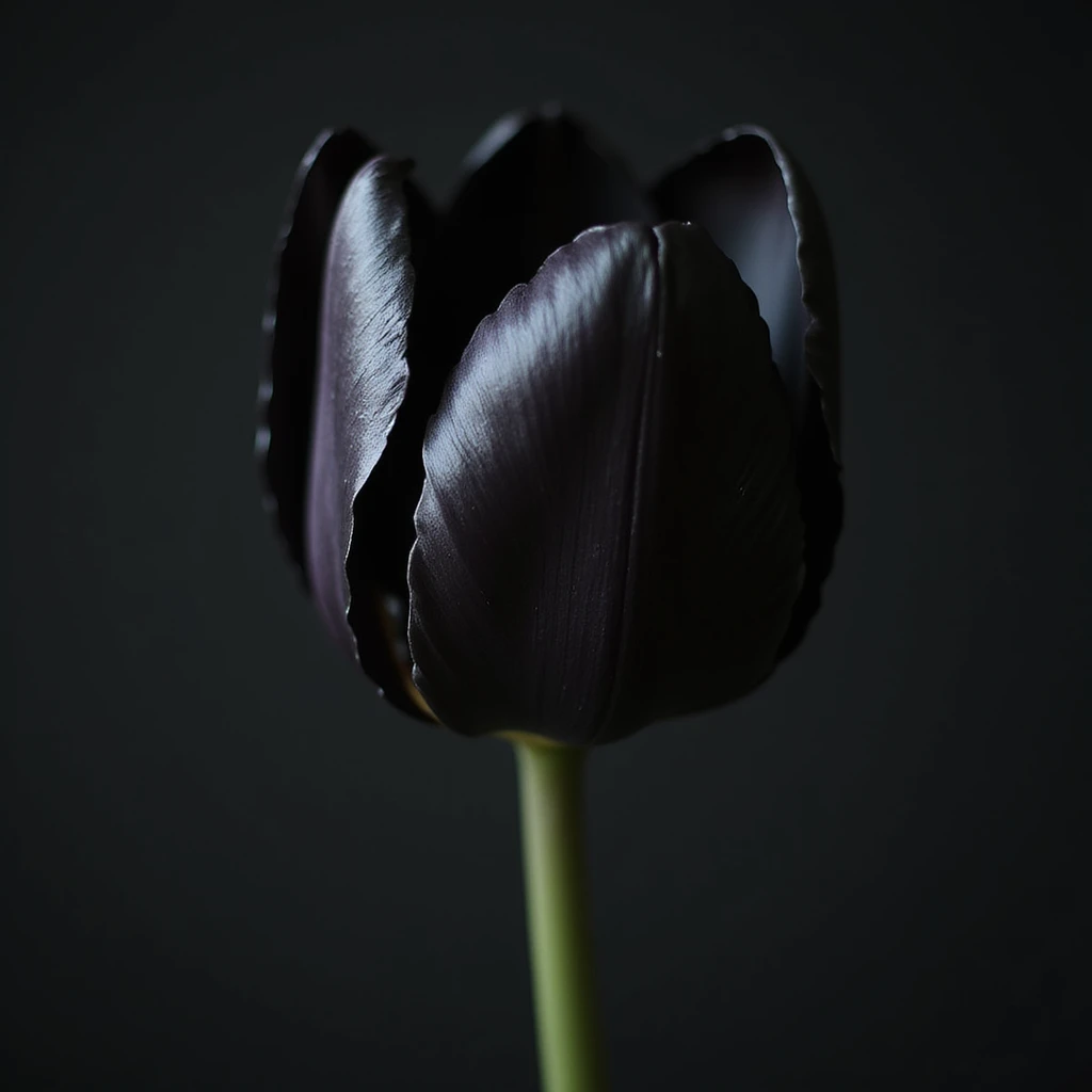 realistic goth tulip with black petals and dark green stem, photorealistic style emoji