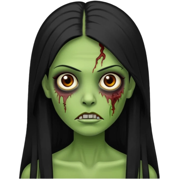 Faça uma zombie verde mulher com cabelos preto, liso e grande de olhos castanhos  emoji