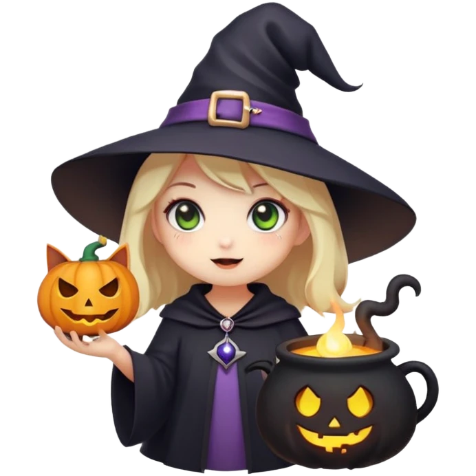 A tiny halloween emoji-style sticker of a cute but spooky little witch, blending kawaii and horror aesthetics. She has big glowing eyes, a round face, and a tiny pointed hat with stars. Her expression is mischievous but friendly—maybe winking or sticking out her tongue. Add subtle creepy details like a floating spellbook, a tiny cauldron with smoke, or a ghostly familiar (e.g., a bat, black cat, or pumpkin spirit). Use a dark but vibrant color palette: purples, blacks, and neon greens. Keep the style simple, exaggerated, and highly expressive, optimized for use as a discord/telegram emoji emoji