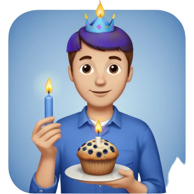 Make a white man with brown hair wearing a shirt that says happy b day Virginia holding a blueberry muffin with a birthday candle in it emoji