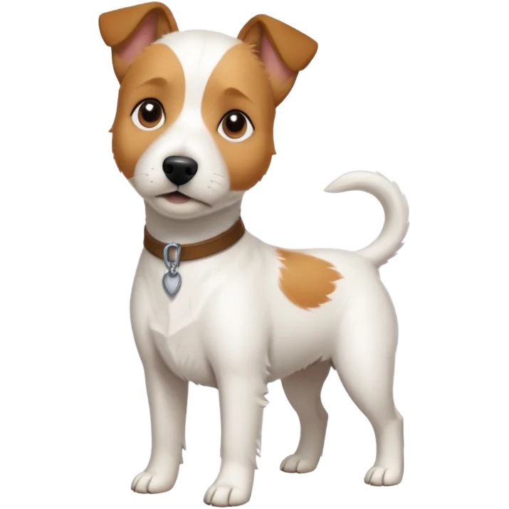 a full body slightly chubby white parson russell terrier looking dog the size of a kelpie with light brown long ears and a light brown patch on one eye and a large snout. the rest of the dog is completely white emoji