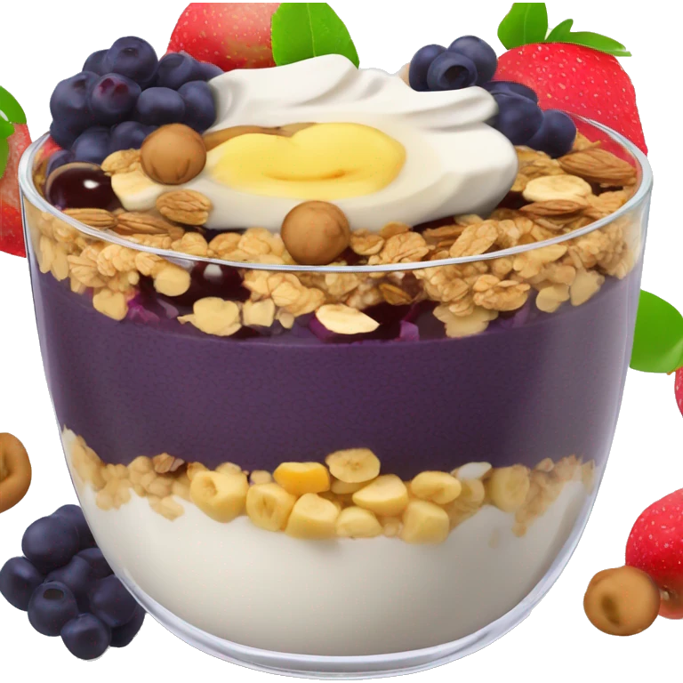 Açaí in a clear cup with layers of fruits and granola and condensed milk emoji