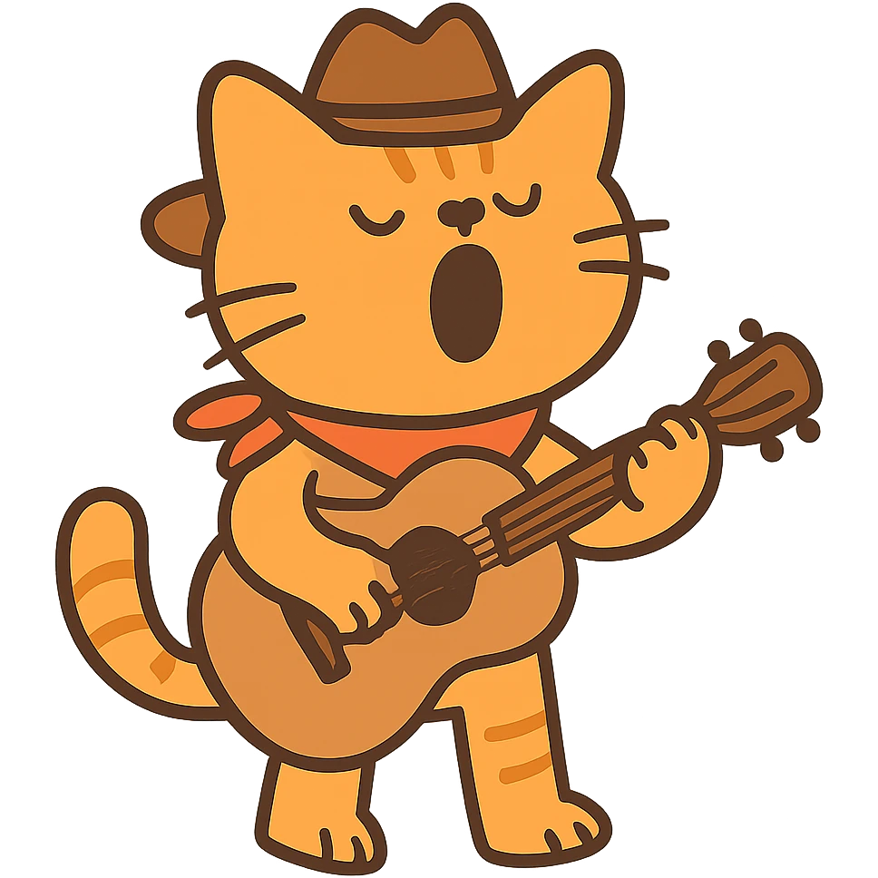 flat toon Yodeling orange cowboy cat strumming an acoustic guitar  emoji