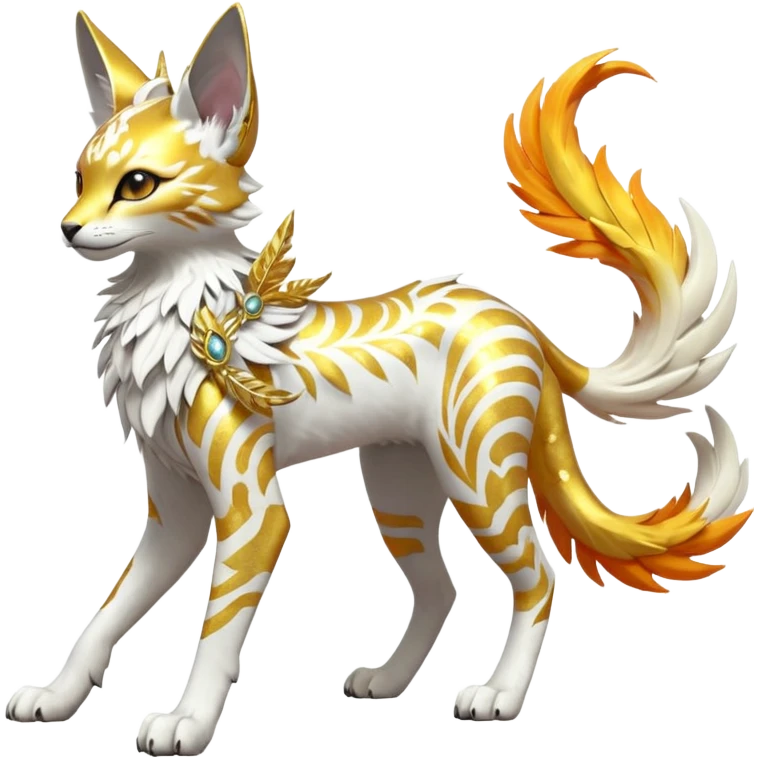 Epic complex fantasy glorious detailed futuristic divine godly angelic feathery sunny, white, albino, pastel, golden, orange glowing sparkly, realistic Fakémon-Sprigatito-Floragato-Meowscarada-Trico-Sergal-Serval-Solgaleo-Vernid-creature (full body) solarpunk, shiny sparkly with a gold laurel emoji