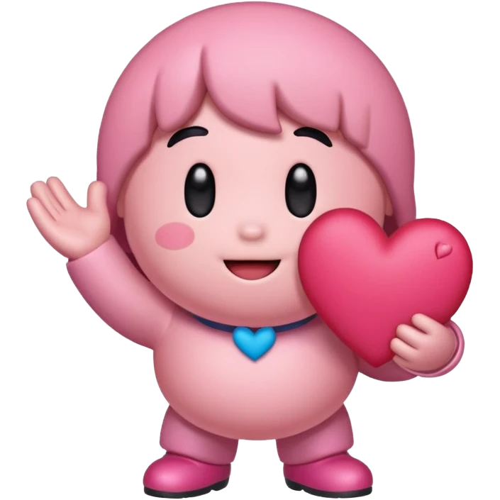 create a chibi sticker of Kirby smiling with a heart in his hands emoji