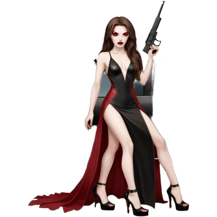Lilith symbol red eye seductress evil long brown haired sexy succubus woman with leather long dress with slit, sitting in Big Large F350 pickup truck. Black Platform high heels on feet. Back of truck full of stacks of cash, and a man human skull with a gun in other hand emoji
