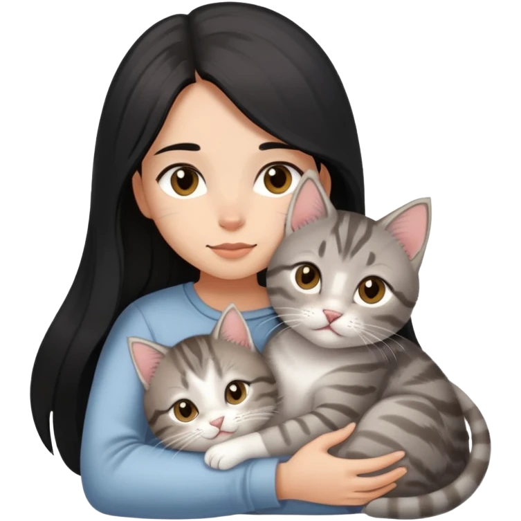 girl with black long hair, light-medium skin, brown eyes snuggling light grey tabby kitten emoji