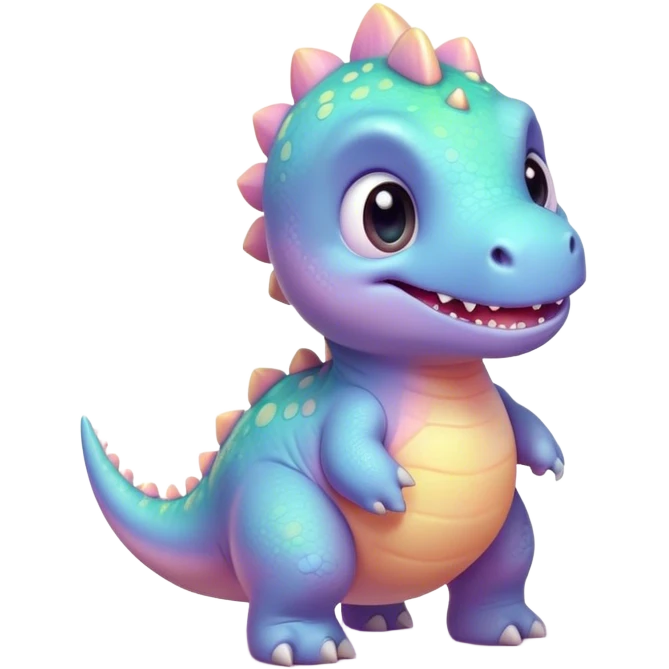 Cinematic tiny pastel dinosaur, chubby round body, tiny feet, big sparkling eyes, soft glowing colors, happy and friendly expression, radiating warmth. emoji
